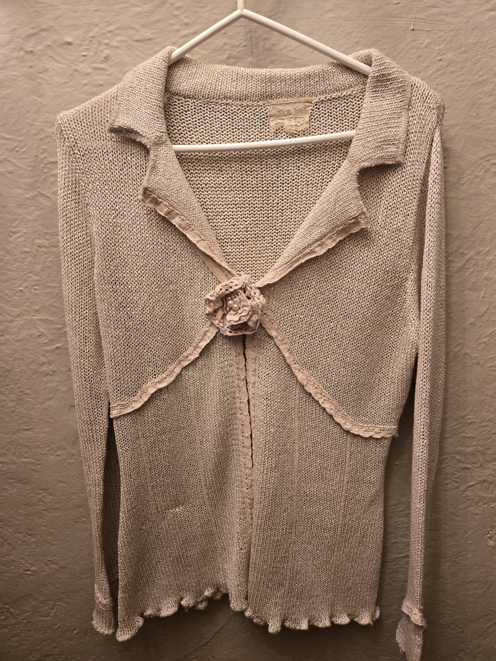 Vintage Cottagecore Knit Cardigan Lace Trim Rosette Tie Front Cream